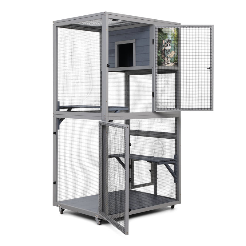 Maison de chat gris foncé avec des dimensions de 66 po, des roues et des plates-formes, en métal de bois de pin, supporte une enceinte extérieure d'observation féline sur filet gris, un treillis galvanisé, deux plateformes pour faire la sieste