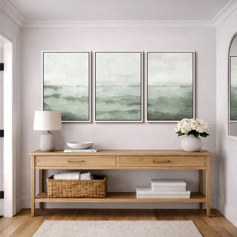 Minimal Landscape "Sage Green Modern Organic Artwork, Simple Abstract Bedroom Wall Pictures, Large Framed Canvas Giclee Print 3 Pieces Wall Art Set"   16x24x3 pcs, 24x36x3 pcs