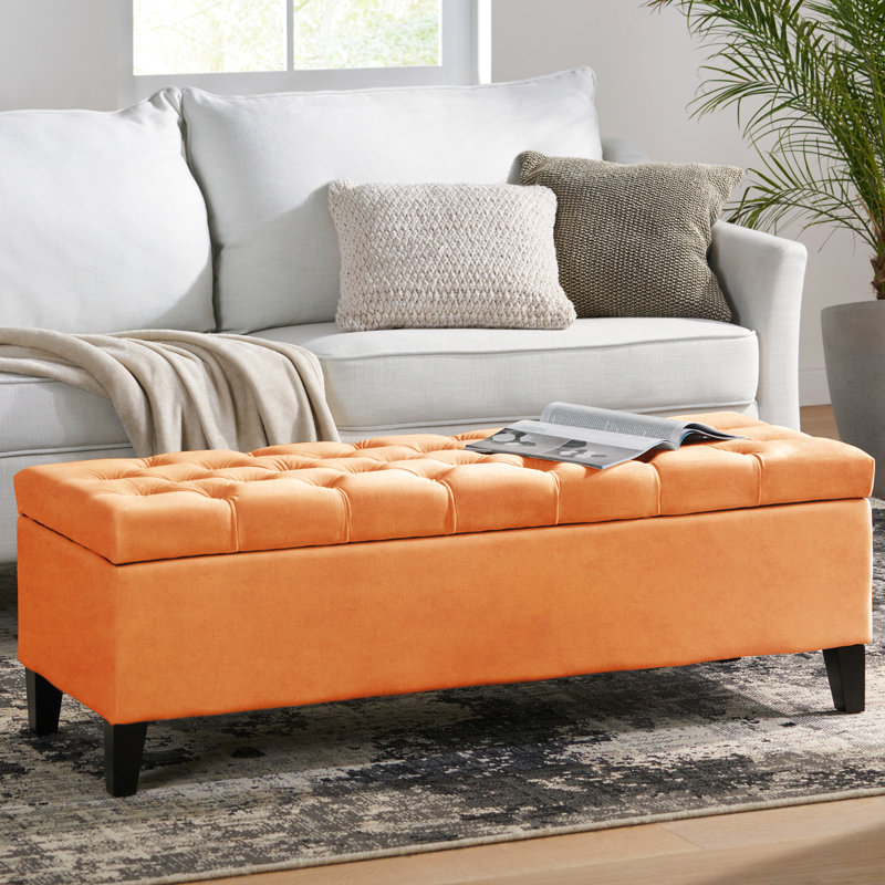 Velours orange contemporain avec bouton à couvercle, point losange, l 51,00 po x P 17,27 po, motif bois et orange, H 17,2 po