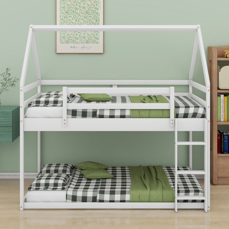 Low Bunk Bed,House Bed With Ladder, White