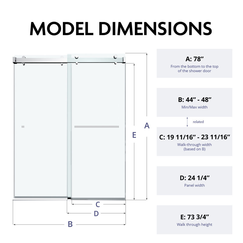  44" – 48” W x 78"H Frameless Double Sliding Soft Closing Glass Shower Doors | 3/8" Tempered Clear Glass | Leak-Proof Precision | Durable Stainless-Steel Hardware