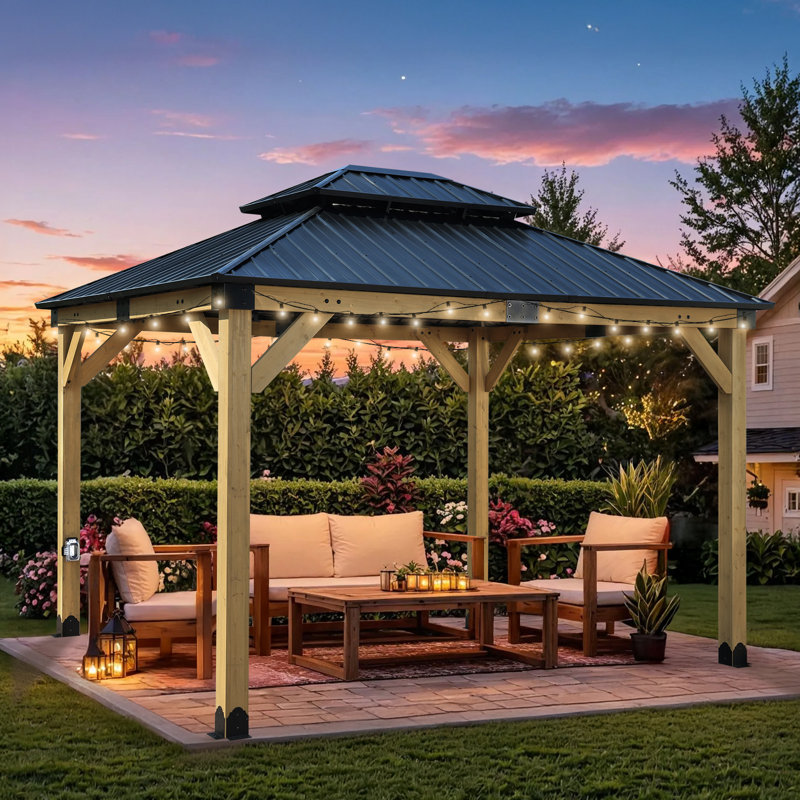 12 Ft. W X 10 Ft. D Solid Wood Patio Gazebo, Black