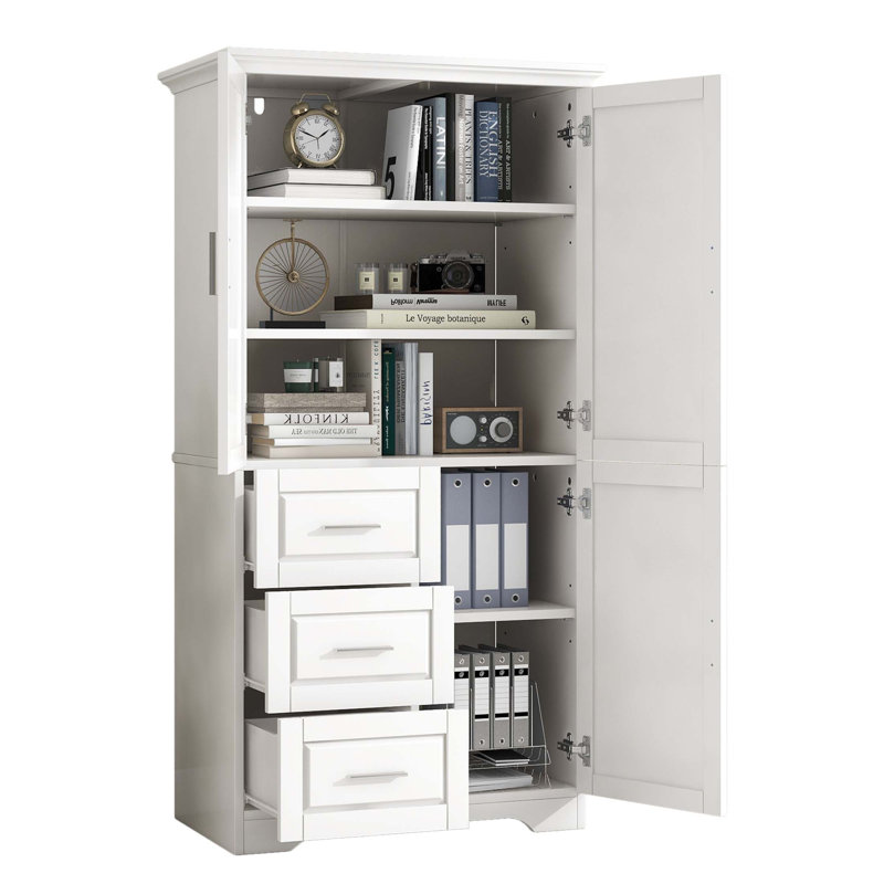 Tall And Wide Storage Cabinet With Doors For Bathroom/Office, Three Drawers, Adjustable Shelves, And Anti-Tipping Device