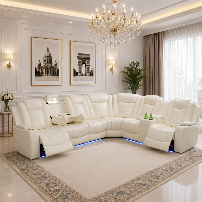 Canapé d'angle inclinable électrique 3 pièces en cuir respirant pour salon, Beige Faux Leather
