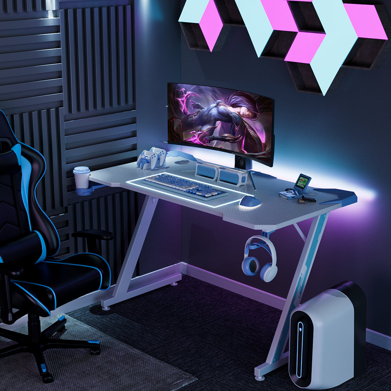 Heidrick Carbon Fiber Surface Z-Shaped Leg PC Gaming Desk with Headphone Hook and Cup Holder, 29.3" H x 44" W x 23.6" D