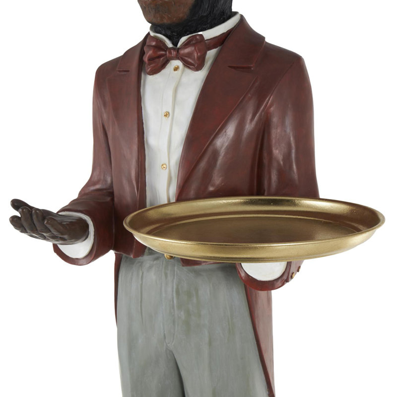 Katsumasa Resin Tall Waiter Monkey Sculpture With Gold Accent And Square Base