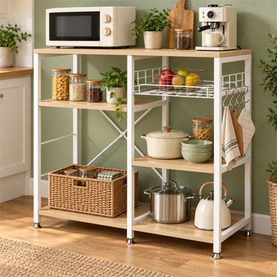 Étagère de boulanger de cuisine à 3 niveaux, support de four à micro-ondes avec crochets et panier, organisateur de poste de travail à structure en métal