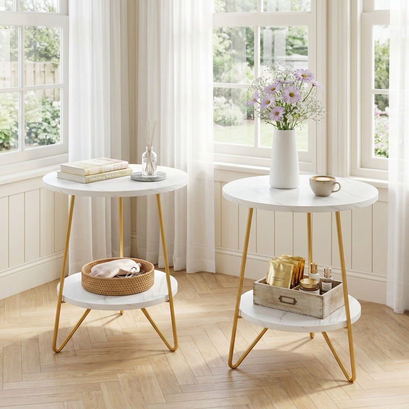（Ensemble de 2 Table Table de bout ronde moderne 18,9 po en faux marbre avec tablettes de rangement et structure en métal doré