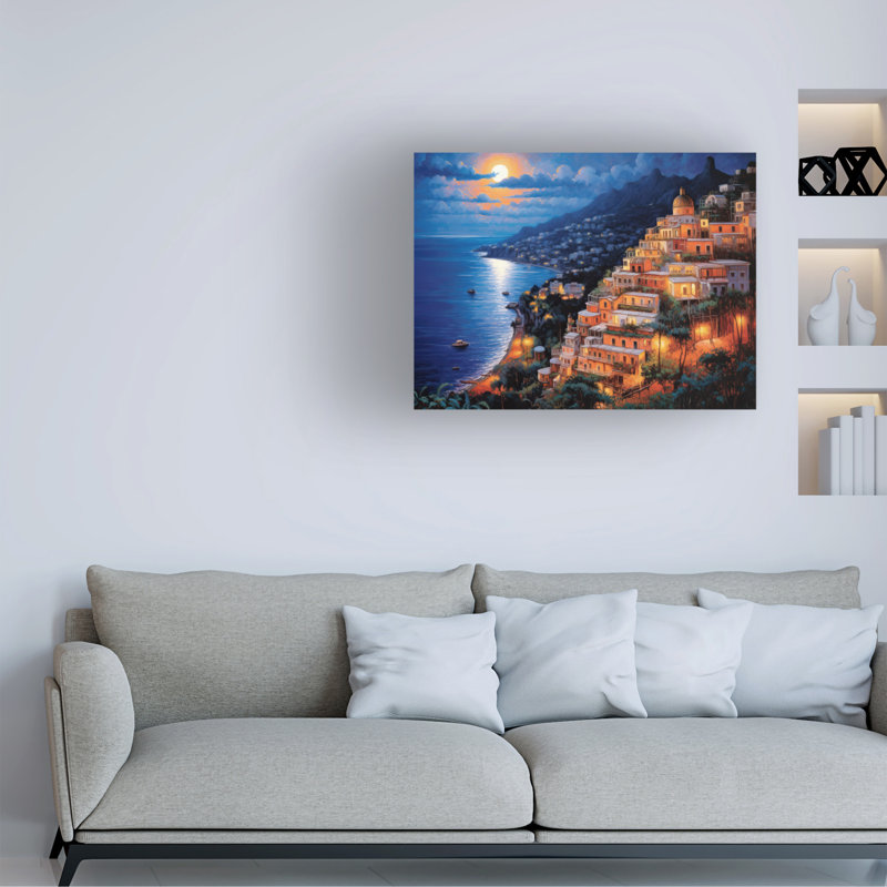 Art mural sur toile tendue - «Positano Moonlit» par Imagine It Images pour décoration de salon, de chambre à coucher ou de bureau - 35 x 47