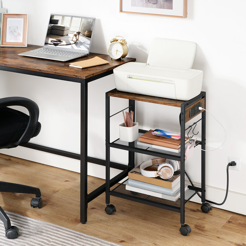 3-Tier Mobile Printer Stand with Storage and Charging Station, Brown
