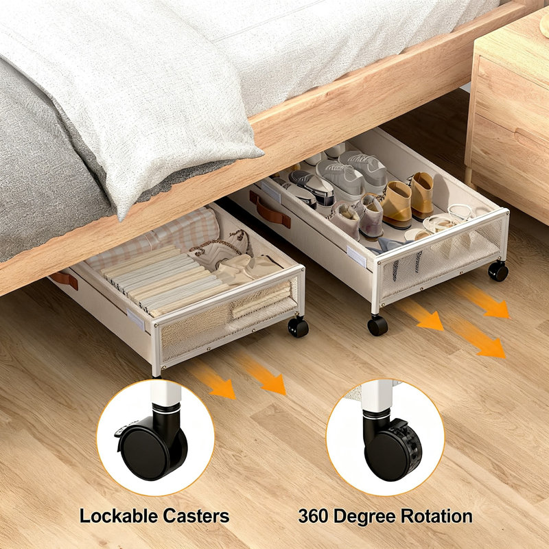 Under Bed Storage Containers with Wheels, Rolling Storage Drawers for Clothes, Blankets, and Toys, 2 Pack (White), White