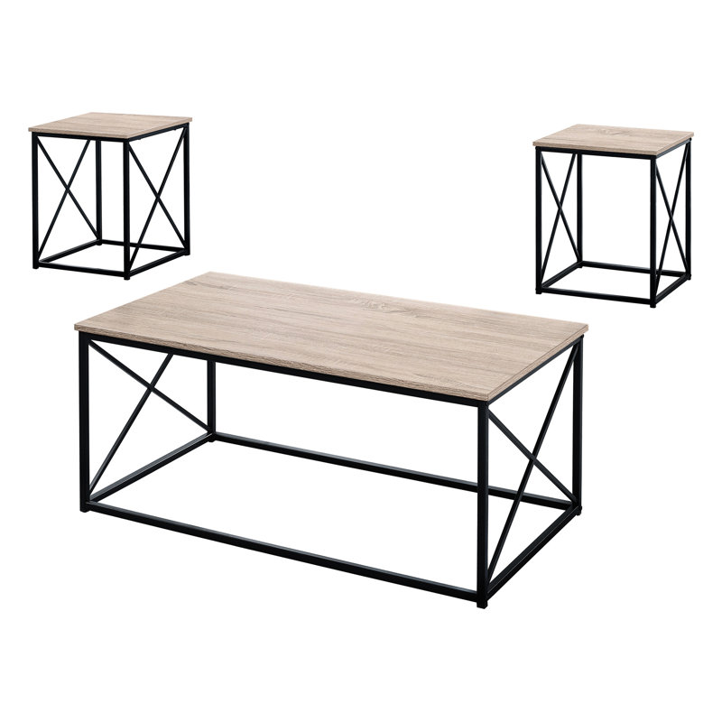 3 tables basses et tables de bout, aspect bois taupe, structure en métal noir 3 pièces dans l'espace de vie: 2 tables, stratifié,