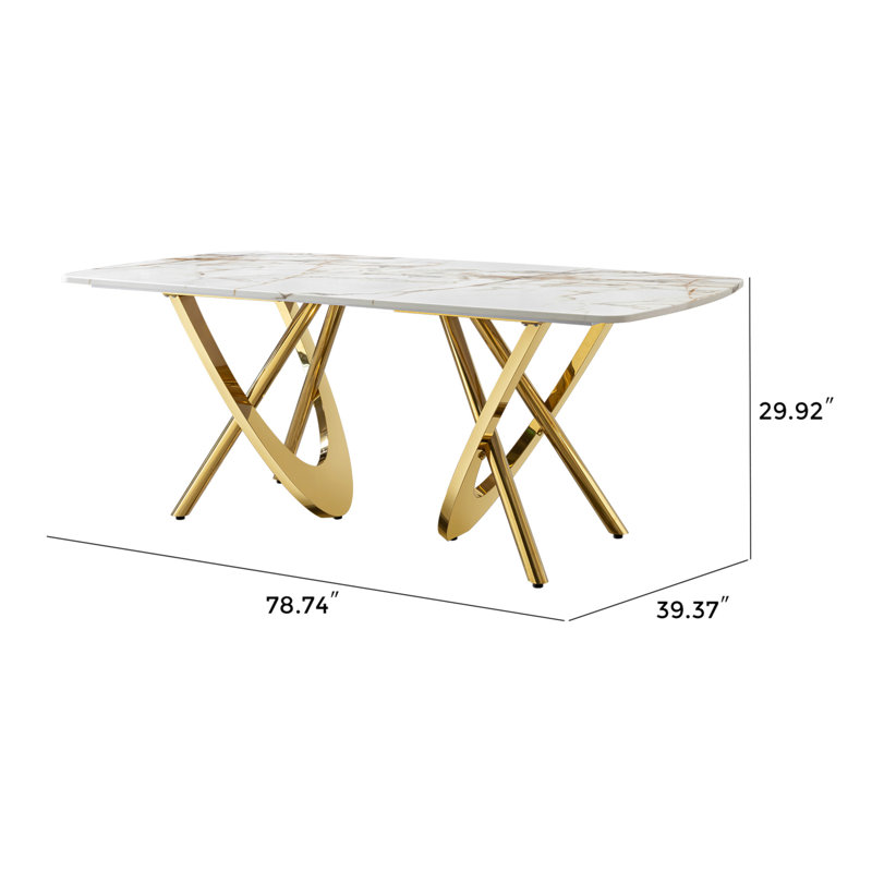 Set Of 6, MDF Marble Pattern Dining Table Mirror Gold Stainless Steel Base, Rectangular Table With 6 Chairs