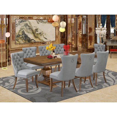9 Pieces Dining Table Set Includes a Rectangle Table and 8 Light Gray Polyester fabric Dining Chairs, Antique Walnut