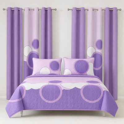 Ensemble de 9 pièces en microfibre violette à motifs géométriques circulaires comprenant un couvre-lit, des rideaux, 2 taies d'oreiller et 6 panneaux à œillets filtrant la lumière.