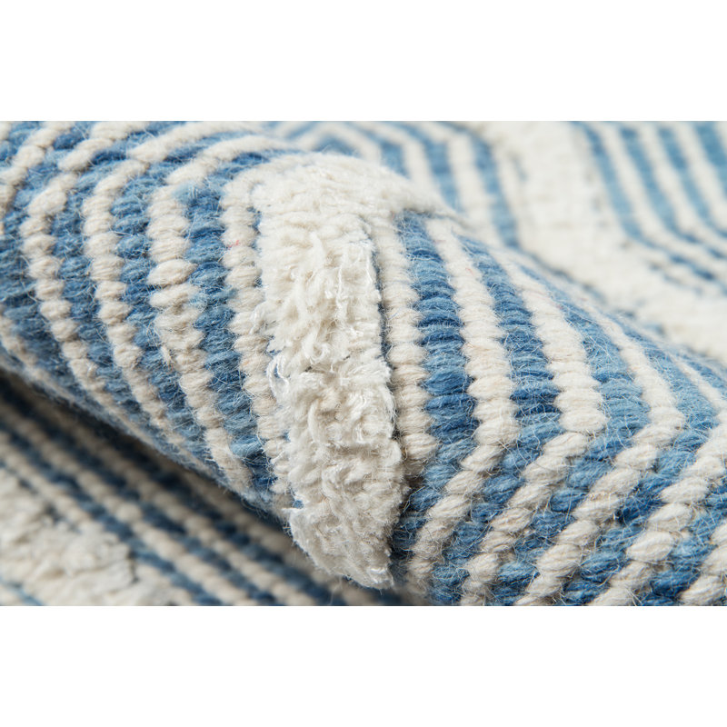 Langdon Geometric Handmade Flatweave Wool Blue/Ivory Area Rug, Rectangle 5' x 8'