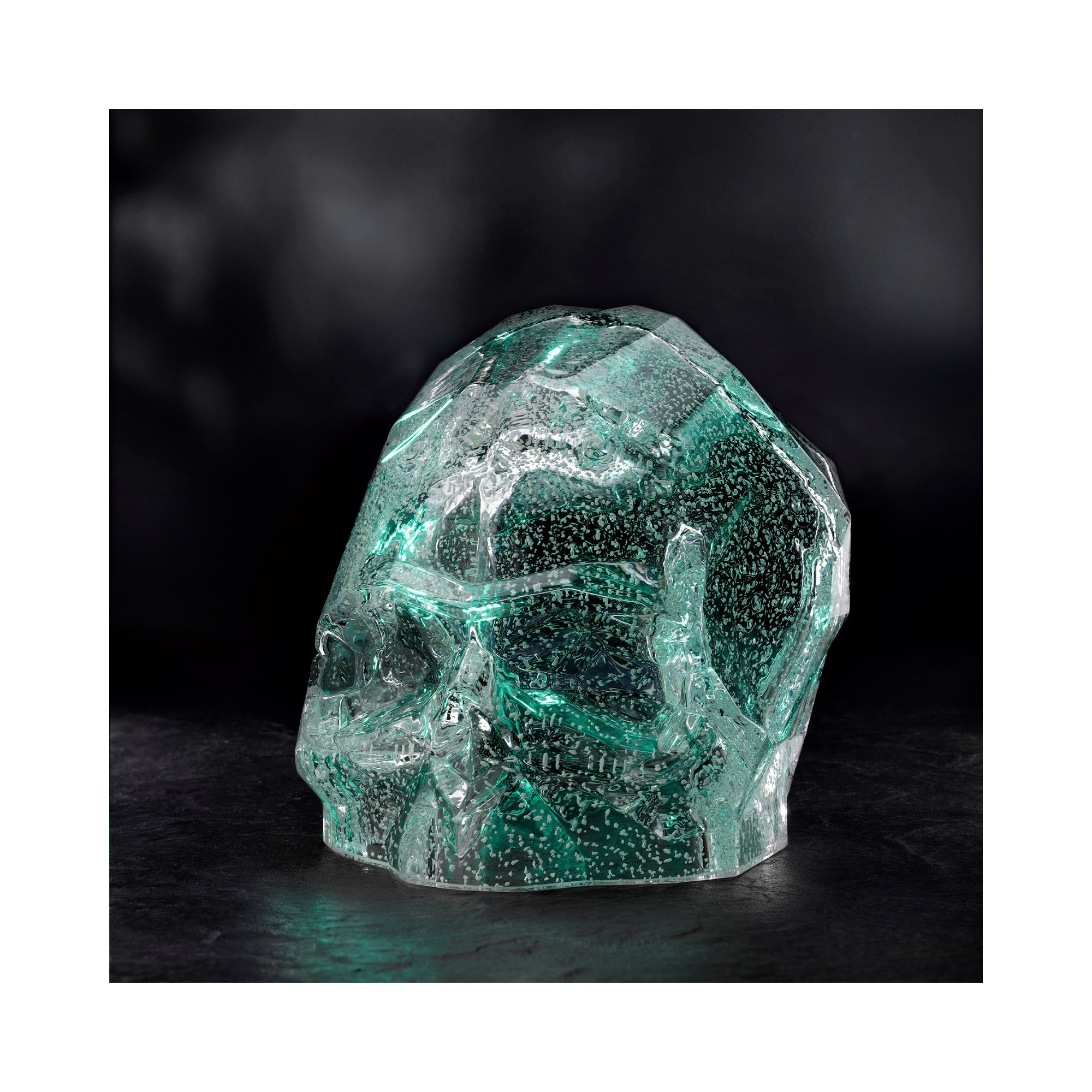 Memento Mori Faceted Skull, Luminous Green, 3.27" H x 4.13" W x 3.15" D