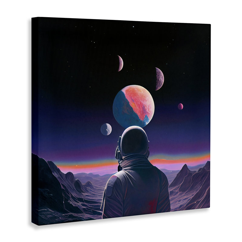 Astronaute et toile de terrain aux tons mauves, design par Sasha, H 17 po x l 17 po