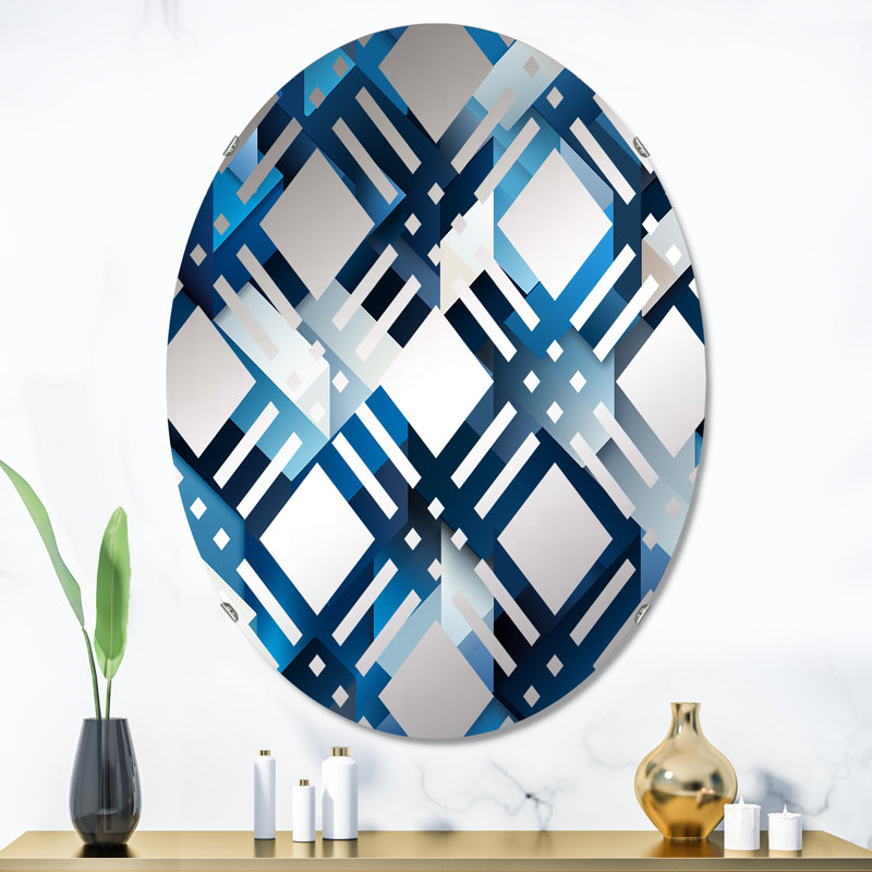 Minimaliste blanc et bleu Polygons géométrique II - Miroir décoratif à carreaux ovale, L 24 po x H 36 po