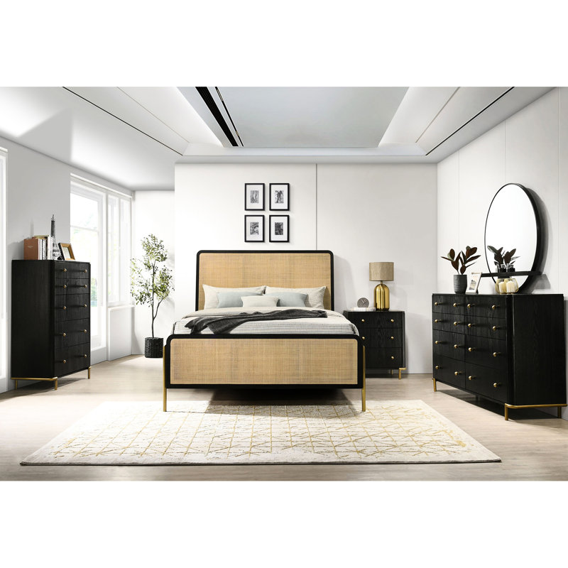 Très grand lit moderne de style oriental côtier avec finition noire, tissé, accents, cadre silhouette arrondie, tête de lit, style glamour, pour chambre à coucher