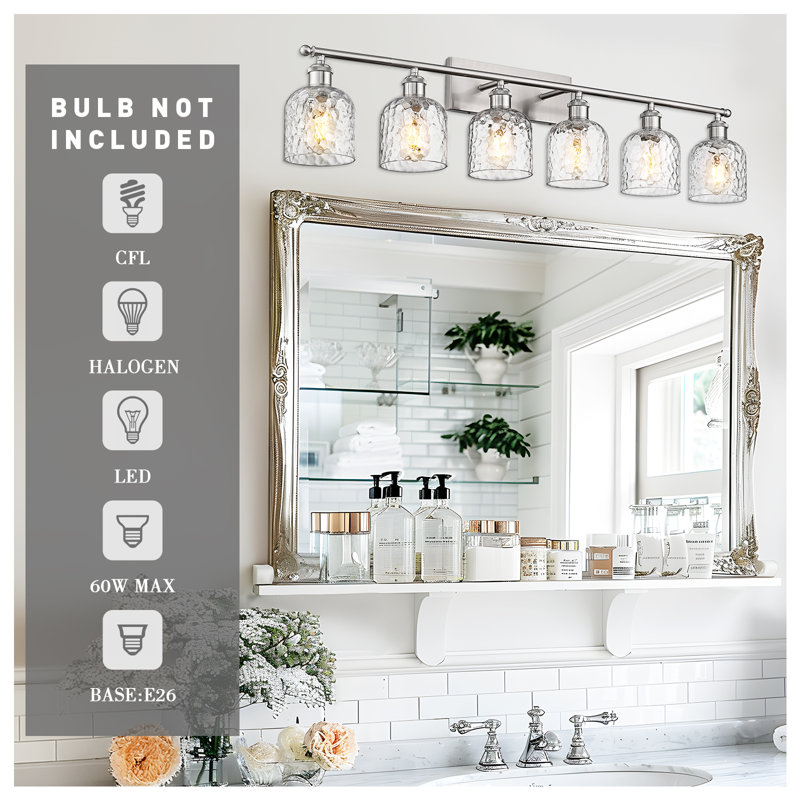 6-Light Bathroom Vanity Light With Clear Hammered Glass, Brushed Nickel