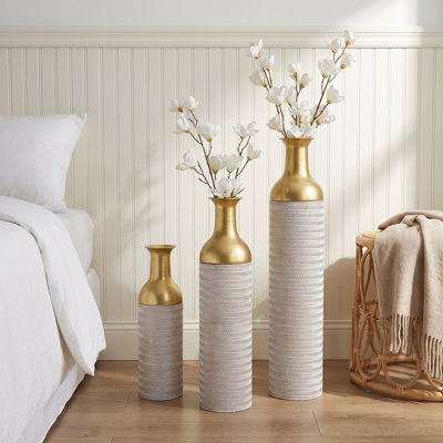 3-Piece Gold and White Decorative Floor Vase Set, Tall Vases for Living Room, Entryway and Bedroom Décor