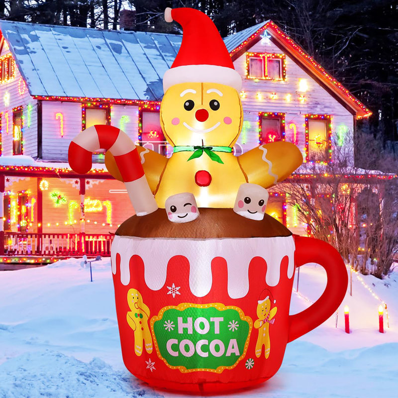 Christmas Inflatables 6 Ft Inflatable Gingerbread Man Sitting In Hot Cocoa Mug Scene With Built-in Leds