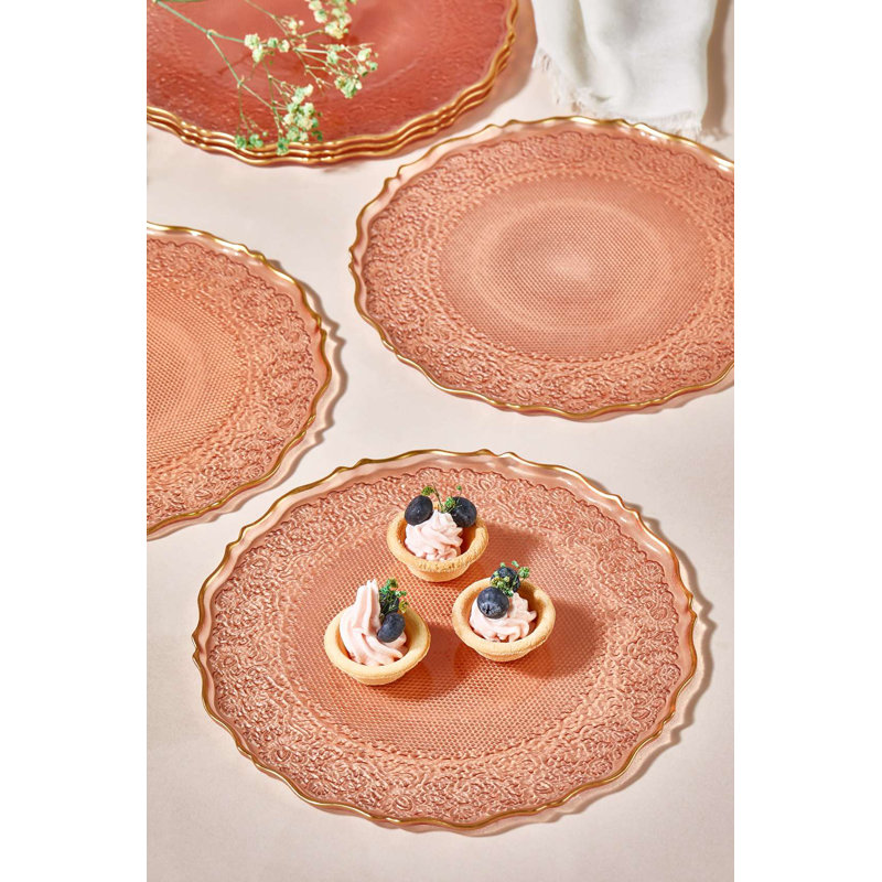 Ensemble d'assiettes à dessert élégantes en verre rose (6 pièces), 8,3 x 8,3 x 1,0 pouces | 100% verre durable, parfait pour les gâteaux et les pâtisseries | Ajout élégant à votre collection de vaisselle, ne va pas au lave-vaisselle ni au micro-ondes