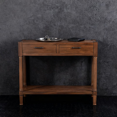 Console à 2 tiroirs avec tablette inférieure, pieds tournés classiques et accents sculptés pour le vestibule et le salon