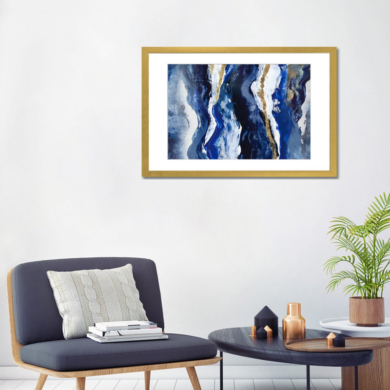 Effectus II, Bleu, Papier doré avec cadre d'angle ouvert, H 24 po x l 32 po