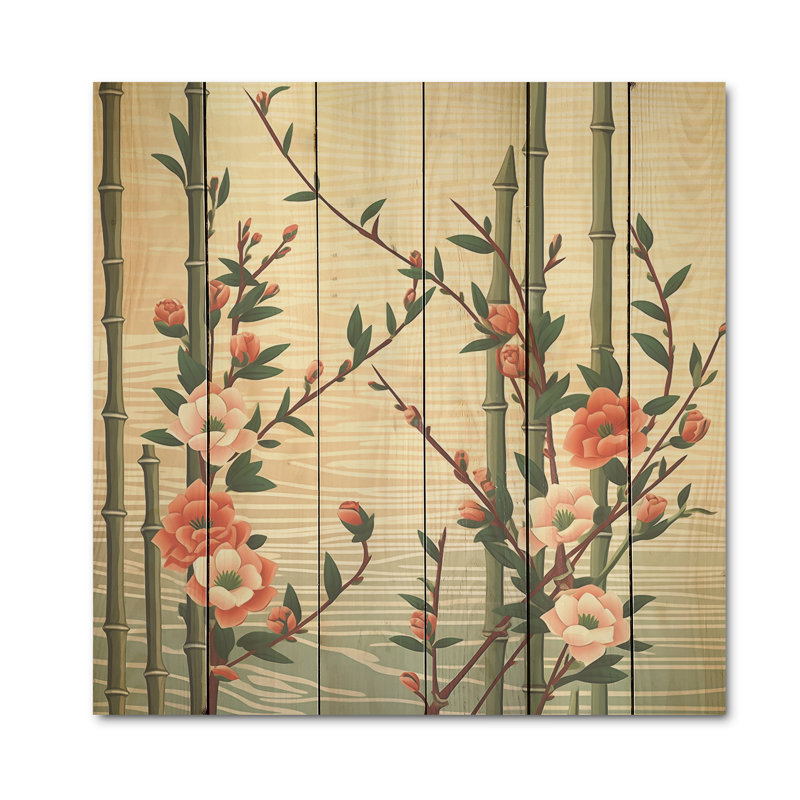 Bambou et fleurs de prunier - Art mural en bois de bambou sur bois de pin naturel, H 15 po x l 15 po