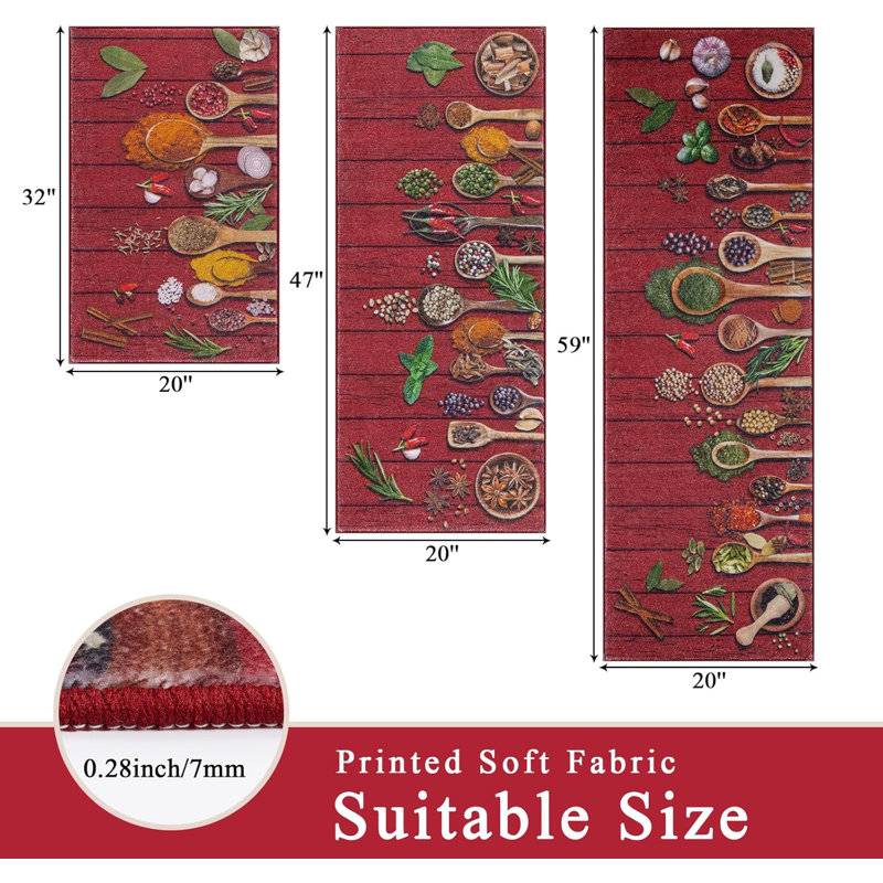  Non Slip Washable Kitchen Mats (Set of 3), Red
