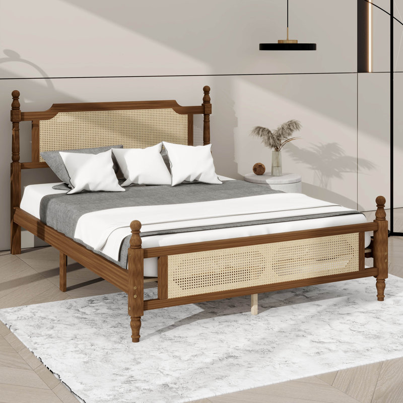 Structure de lit grand en bois avec tête de lit avec détails en rotin tissé, Noyer