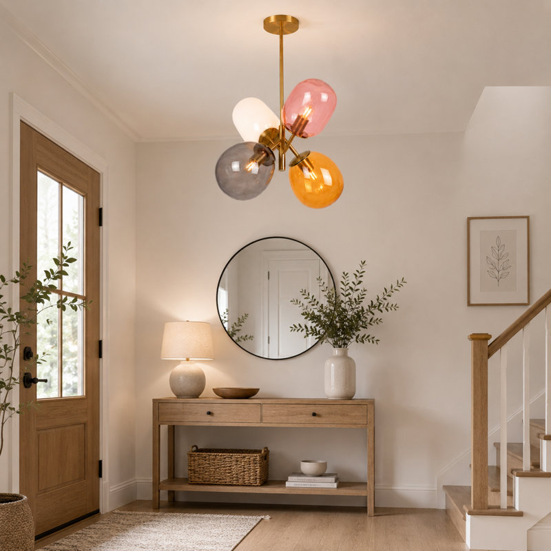 Modern 4-Light Colored Glass Chandelier with Gold Finish