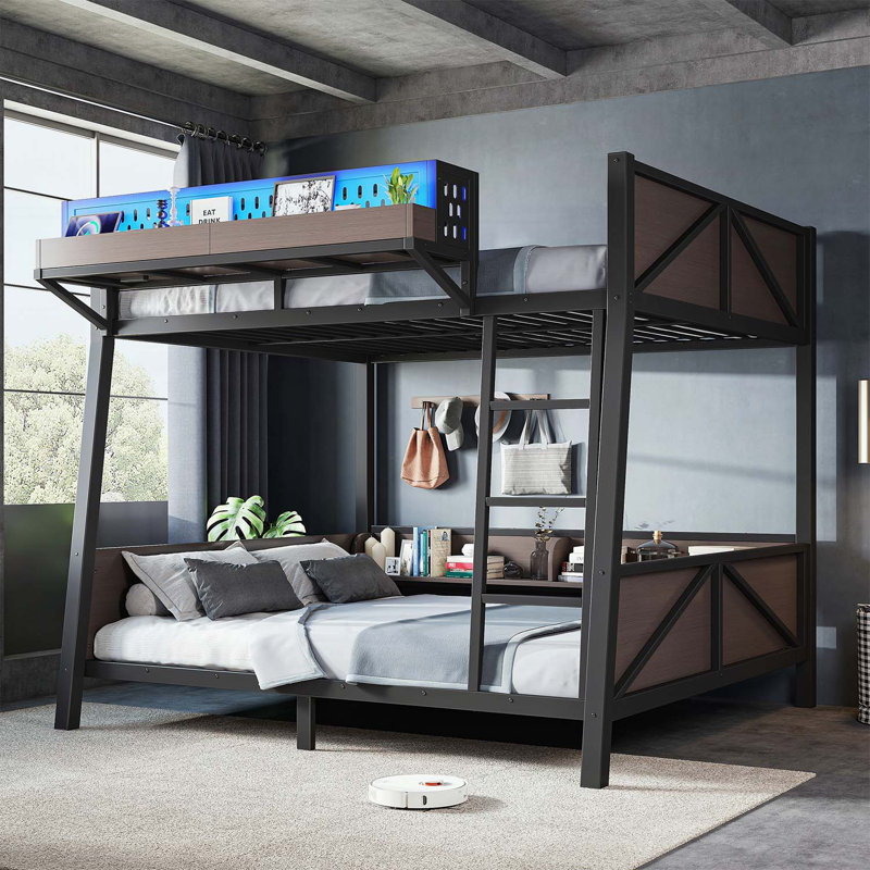Lit superposé double avec tablettes de rangement, structure en métal de taille simple avec lumière DEL et ports USB pour enfants et adolescents, noir