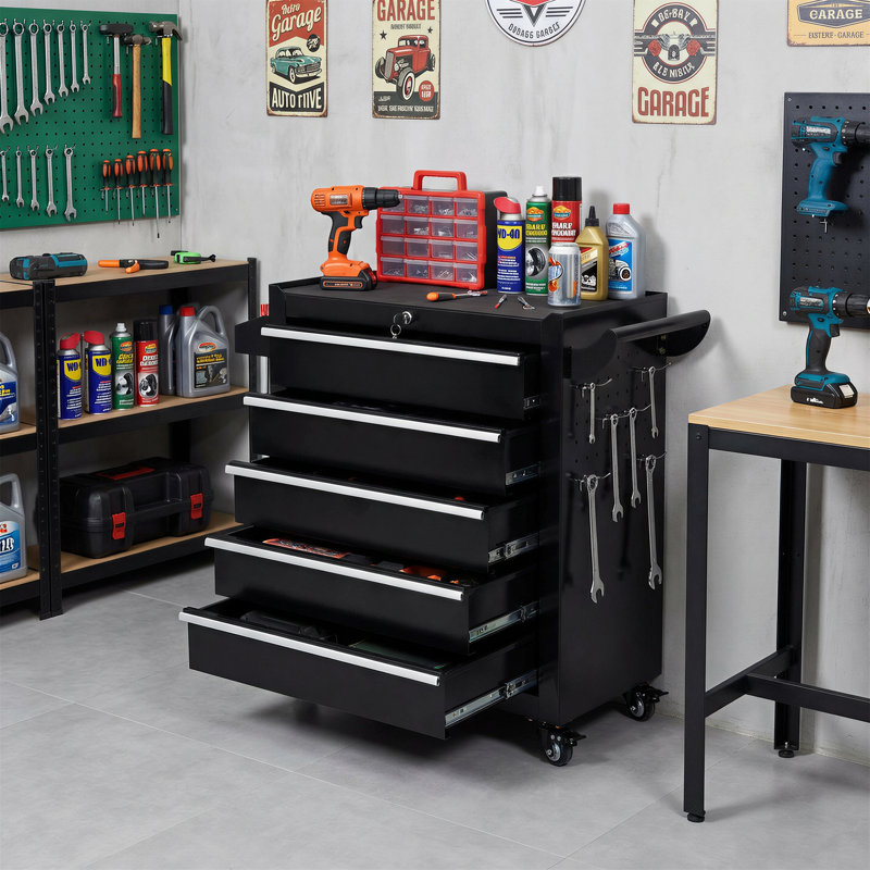  Armoire à outils 5 tiroirs avec rangement verrouillable et roulettes, Noir