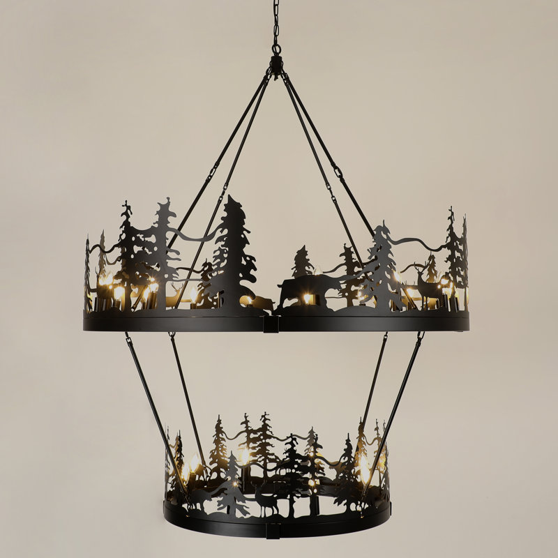 24-Light 40in. Rustic Farmhouse Wagon Wheel Chandelier, 2-Tier Black Round Ceiling Light Fixture for Dining Room, Kitchen Island, Foyer or Entryway