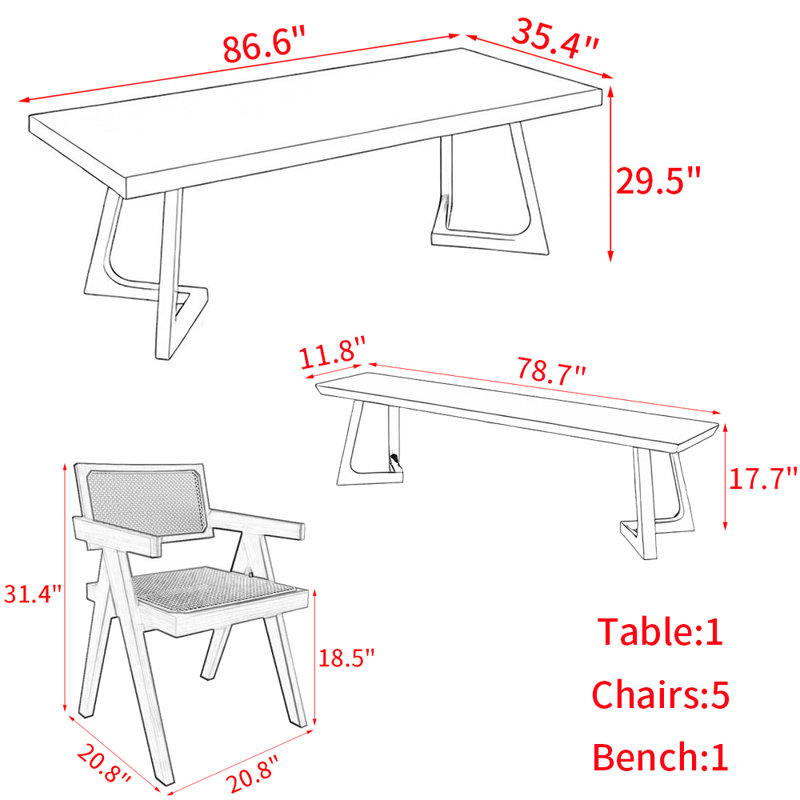 Modern simple solid wood dining table set., 29.5"H x 86.6"L x 35.4"W
