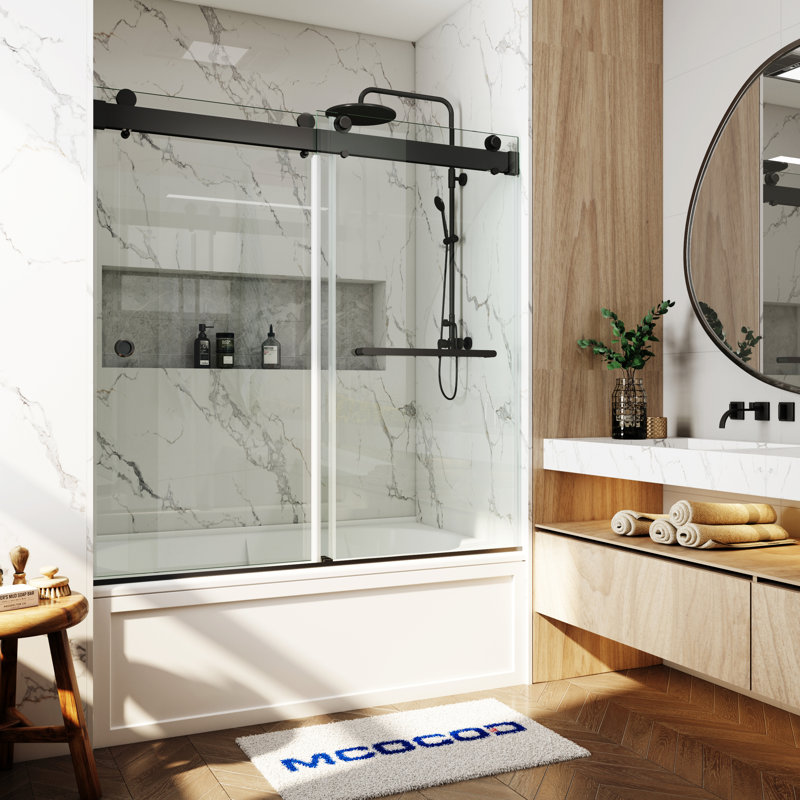 Opal Mirage MCOCOD 56"-60" W x 66" H Double Smooth Sliding Frameless Tub Door with 3/8"(10mm)Clear Glass, Matte Black