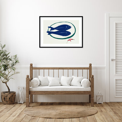 «Blue Fishes Still Life» par Little Dean, reproduction d'art encadrée sur bois