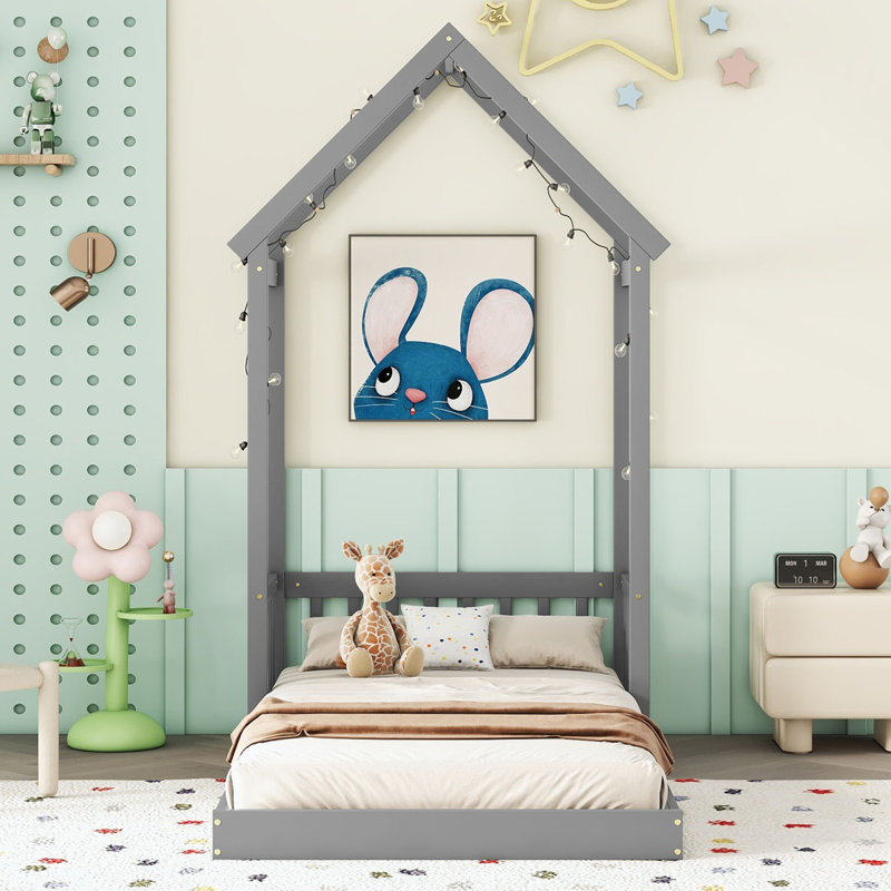 Coffy Platform Bed Frame with Headboard, Gray, Twin