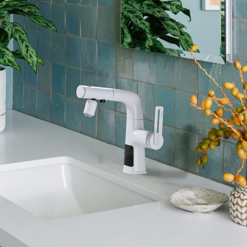 9.53" H Solid Brass Pull Down Bathroom Sink Faucet With 360° Swivel Sprayer And Digital Display, Copper