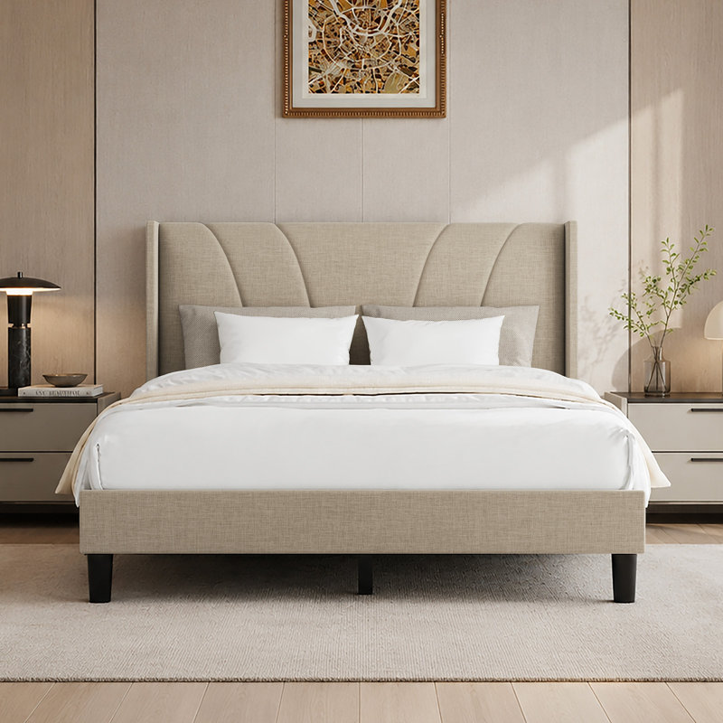 Lit plateforme tapissier avec tête de lit ajustable, Très grand lit, Beige, Tête de lit réglable