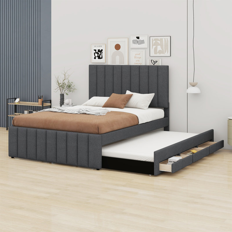Lit plateforme tapissier avec lit gigogne et 3 tiroirs, Gris