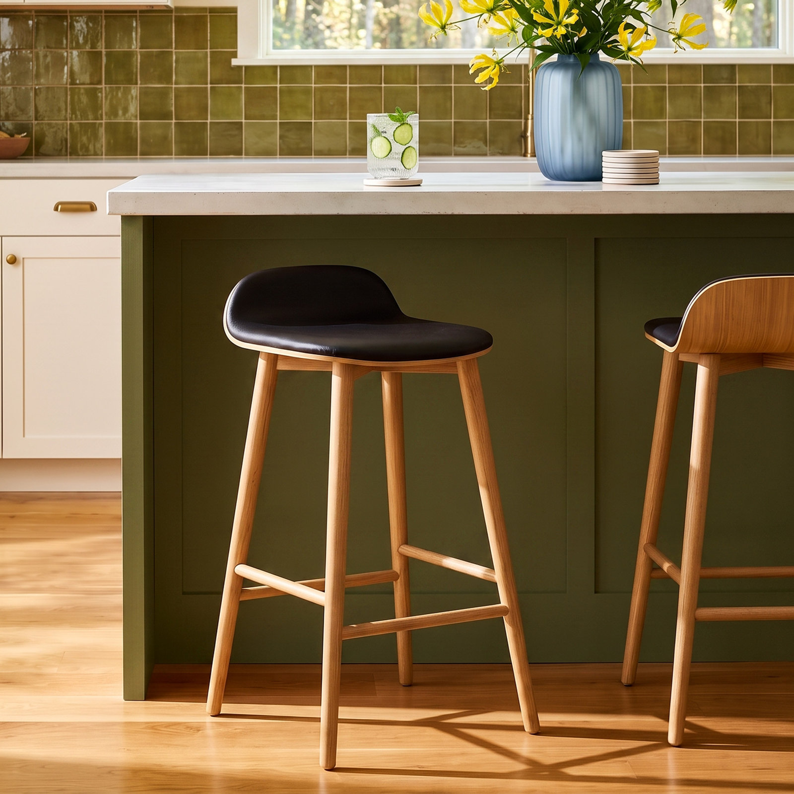 26" Genuine Leather Bar Stool, Oak