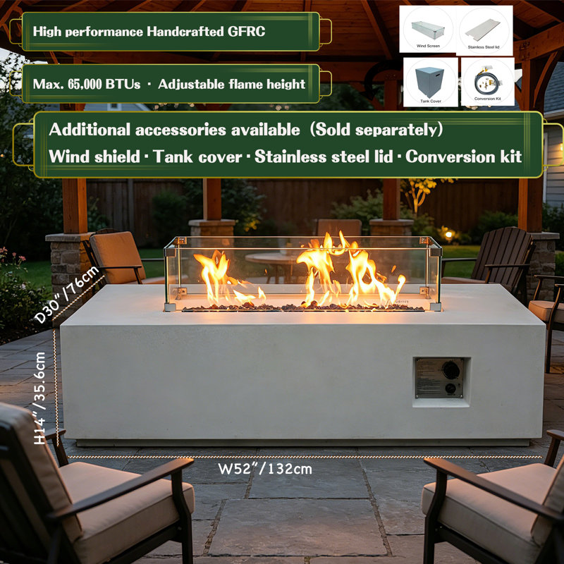 Dublin 52" Rectangle Concrete Fire Table Beige Color, White