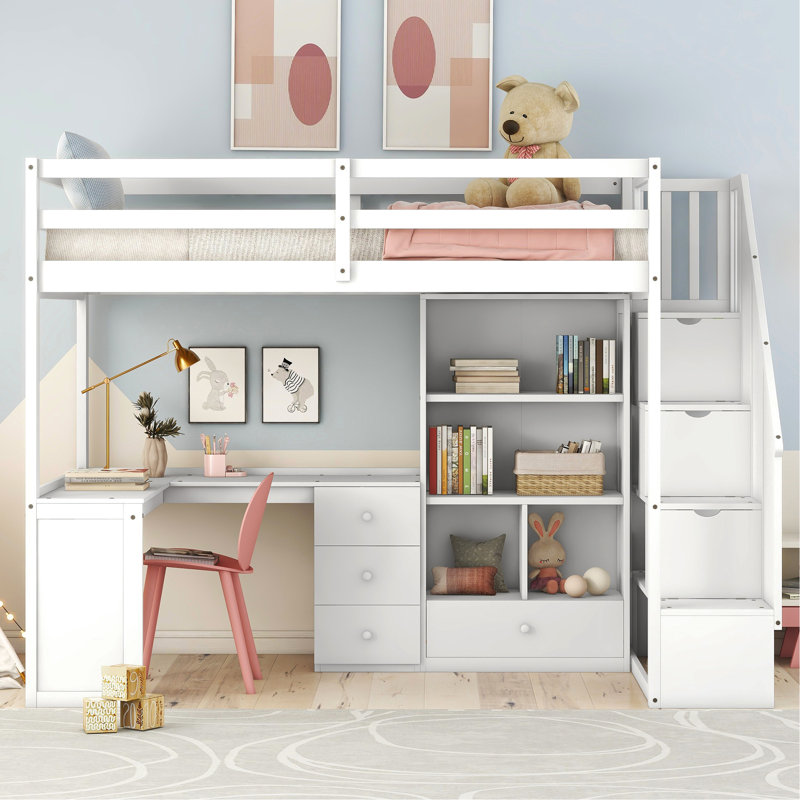 Lit mezzanine simple avec bureau en forme de L, tiroirs, armoire, escalier de rangement - Blanc d'escalade confortable et de haute qualité