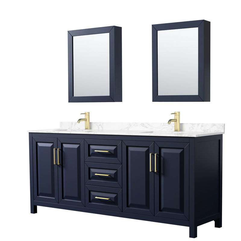 Daria 80'' W Double Vanity, Brushed Gold, Carrara Cultured Marble, Dark Blue