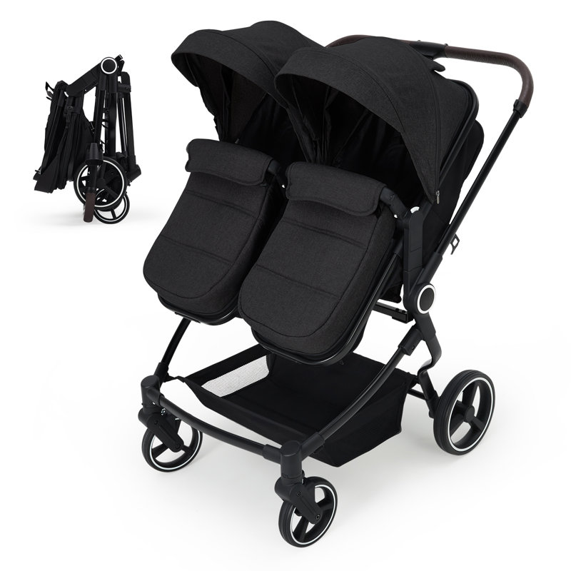 Lightweight Double Stroller for Twins – Side by Side, Compact Fold, Adjustable High Landscape Seat, One-Click Quick Fold, 5-Point Harness, Reversible Recline & Canopy, Parent Cup Holders – Black