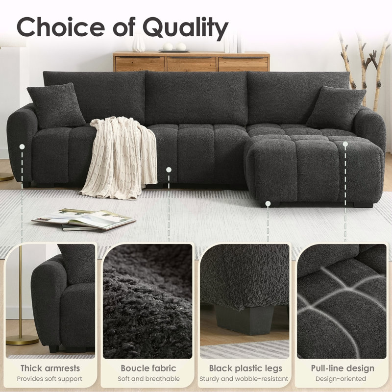 110 Inch Modular Sectional Sofa With Extra-Large Seat, Movable Ottoman, High Density Foam, Free Combination, Sturdy Metal&Wood Frame, Boucle Fabric, Available In 3 Colors